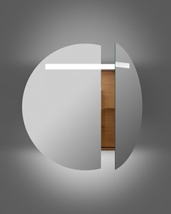 Ett runt spegelskåp med förvaring bakom glaset.