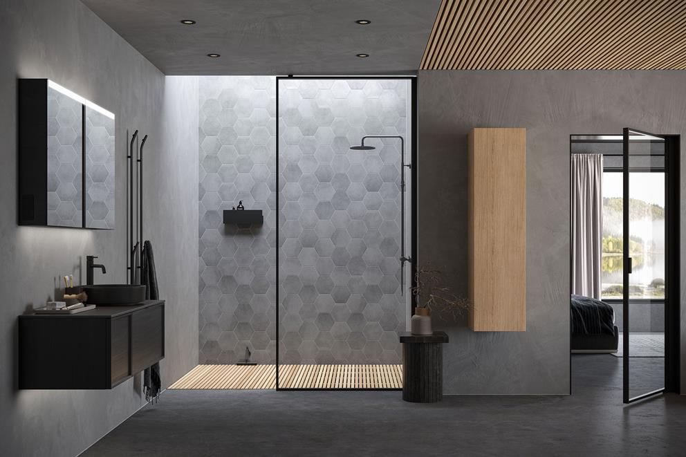 badrum grått kakel, svart duschvägg