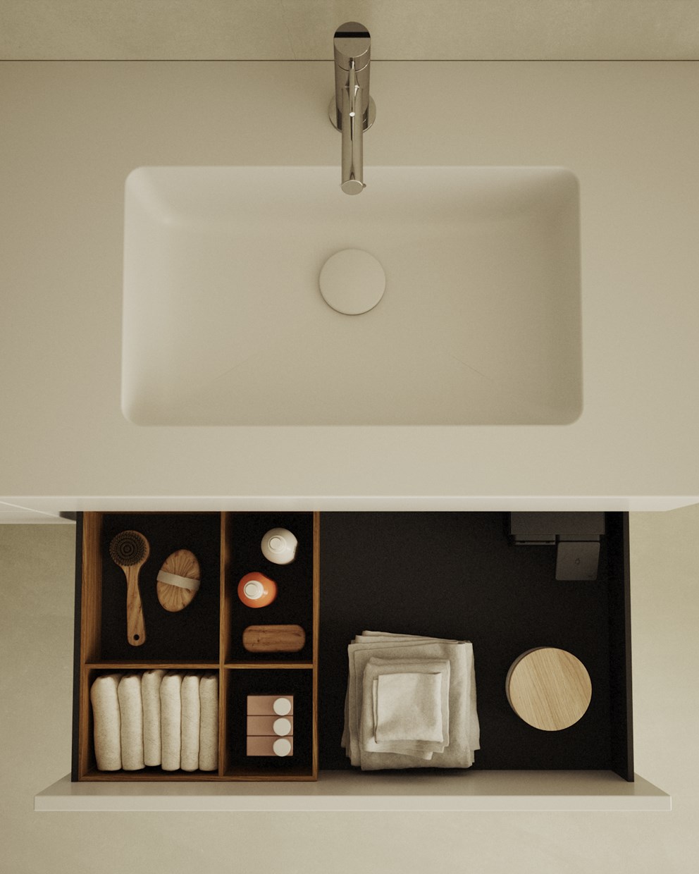 Kommod Core Solid med tillval Plus Storage, extra djup låda, och lådinredning Plus Divider.