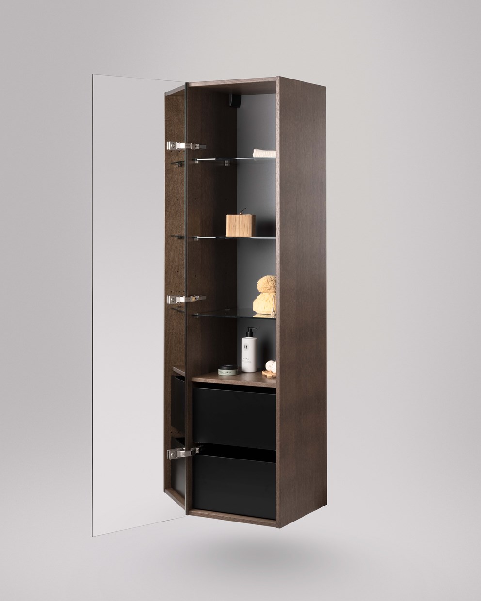 Högskåp Twin med dubbelsidig spegeldörr och lådor.