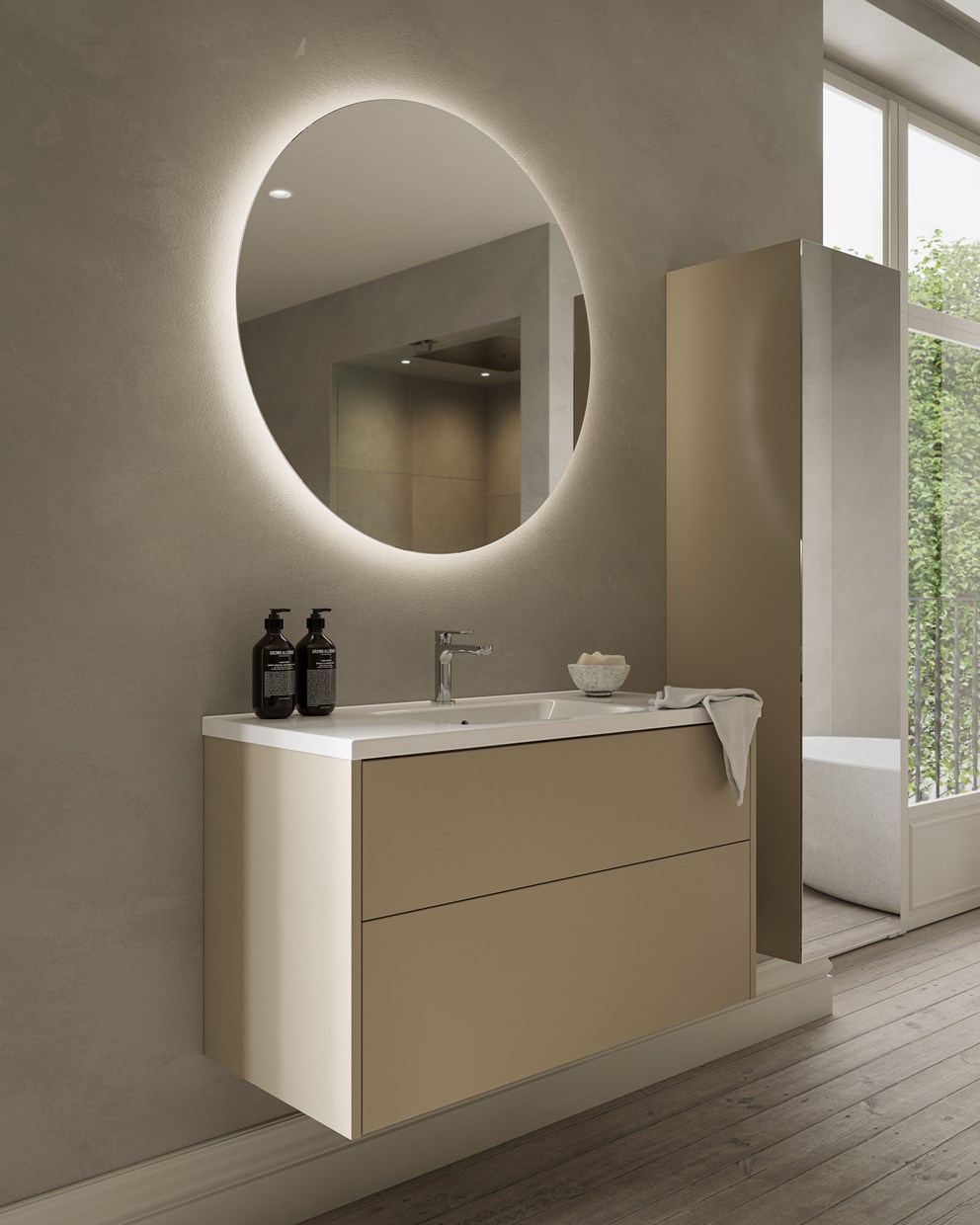 Grand Solid 100 i NCS S 4005-Y20R med spegel Loox 90 och spegelförvaring Twin.