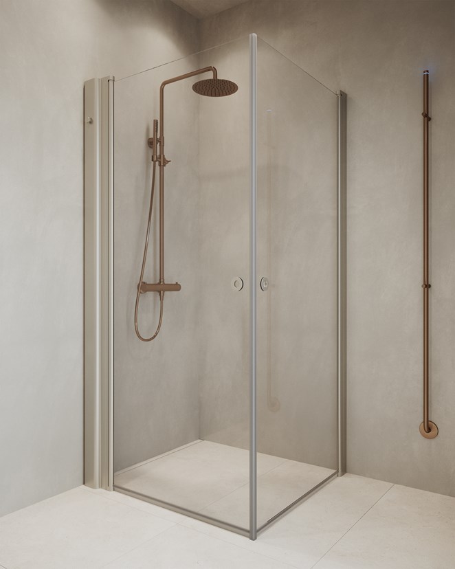 Duschhörna Linc Angel med integrerade förvaringen Pile i Stone. Takduschset i Brushed Bronze.