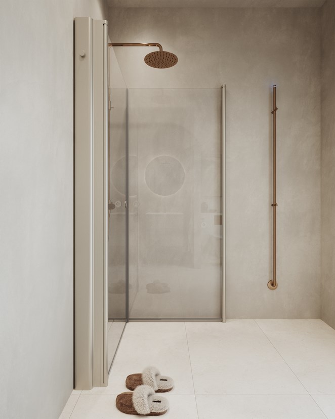 Duschhörna Linc Angel med integrerade förvaringen Pile i Stone. Takduschset i Brushed Bronze.