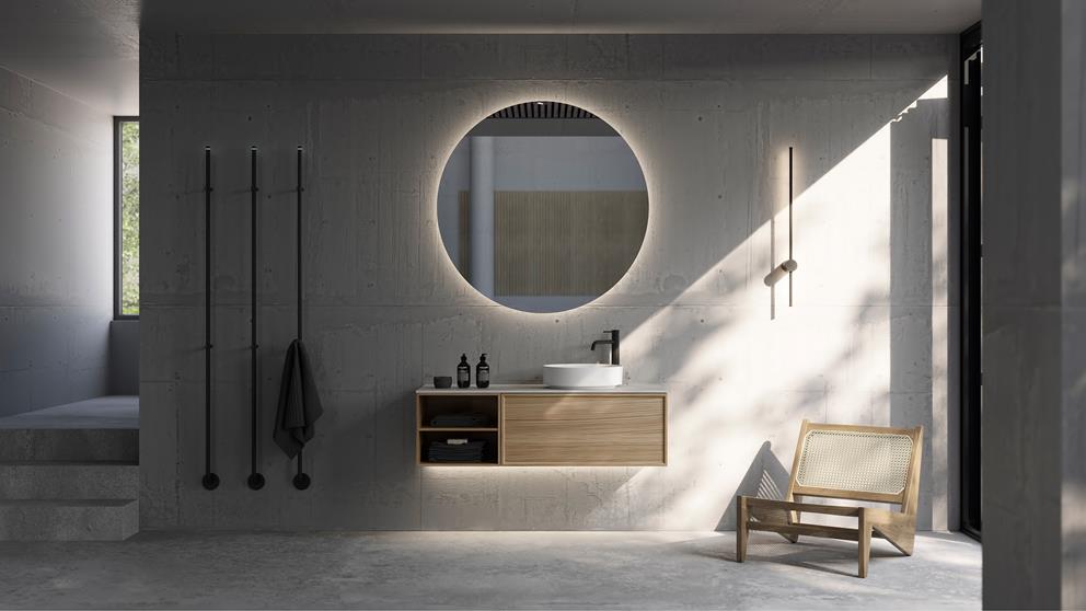 Kommoden Air Wood Unlimited 120 med spegel Loox och handdukstork Line.