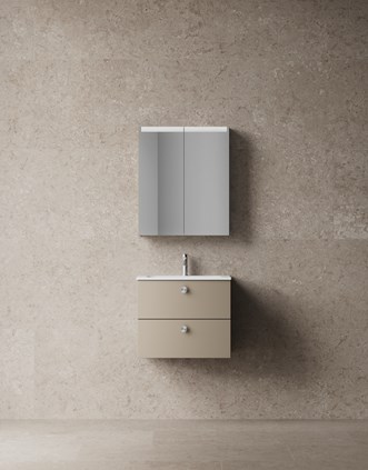 Core Solid 60 i Warm Clay med spegelskåp Stage 60 och Alvaret Clay 60x120.