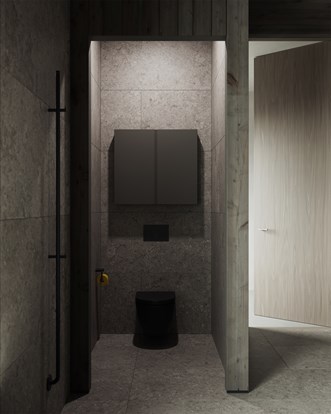 Väggskåp Solid 40/15 i Carbon Grey med handdukstork Line och Alvaret Slate 60x120.