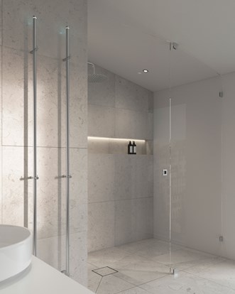 Skräddarsydd duschvägg Arc 4 Original i Brushed Stainless. Handdukstork Line.