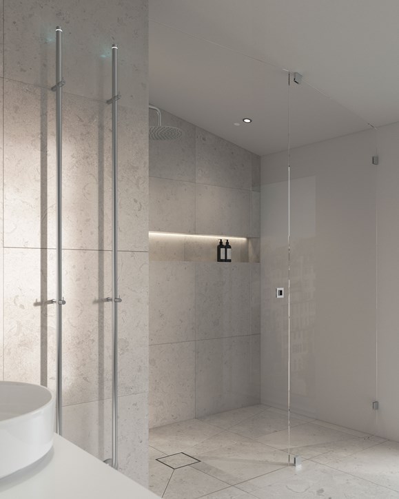 Skräddarsydd duschvägg Arc 4 Original i Brushed Stainless. Handdukstork Line.