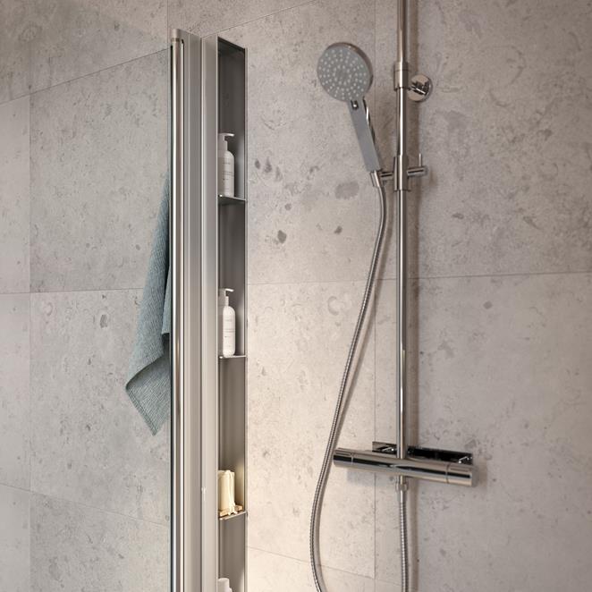 Pile är en innovativ duschhylla som integreras i väggprofilen i Linc.