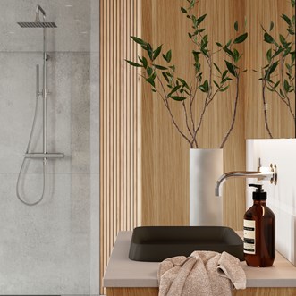 Grand Solid 100 med Level bänkskiva Raw Concrete och matt svart tvättställ