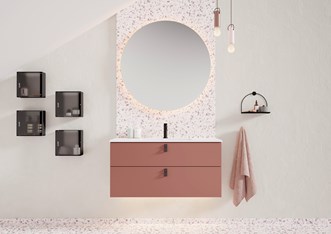 Inred badrummet i rosa toner som går åt brunt. Matcha med grått, vitt eller svart. VISKAN Solid 120 i Accentkulören Rosewood.